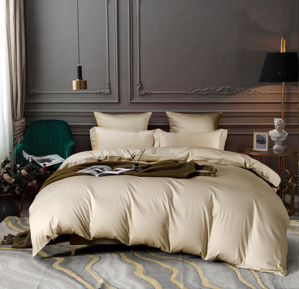 Parure de lit en Satin de coton égyptien - Drap coton - 6 pièces - luxe - 300 TC -Beige ou crème - Caramel Doux