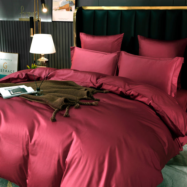 Parure de lit en Satin de coton égyptien - Drap coton - 6 pièces - luxe - 300 TC - Rouge - Rubis Flamboyant